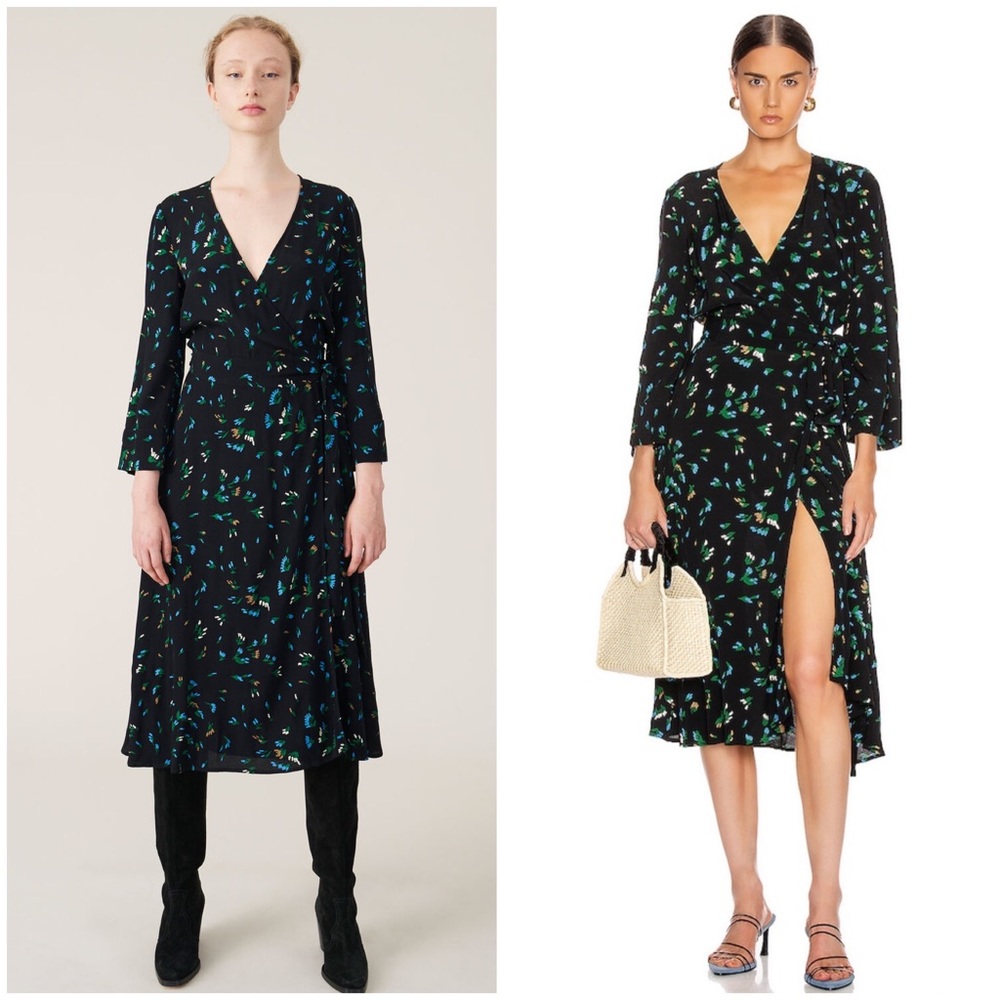 GANNI Printed Crepe Wrap Midi Dress in Verdant Green (DC220007)